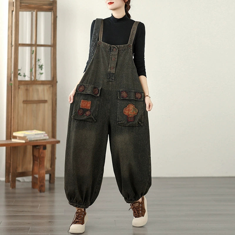 Women Autumn Retro Denim Spliced Jumpsuits
