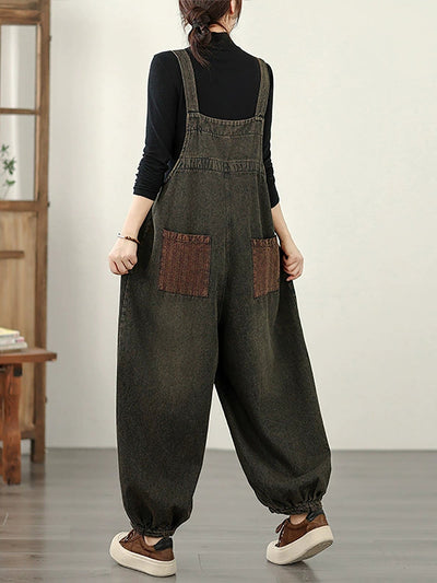 Women Autumn Retro Denim Spliced Jumpsuits