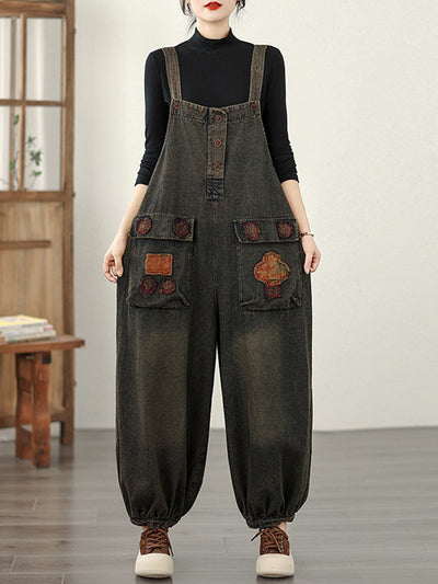 Women Autumn Retro Denim Spliced Jumpsuits