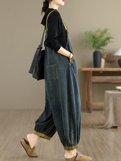 Women Autumn Artsy Colorblock Denim Jumpsuits