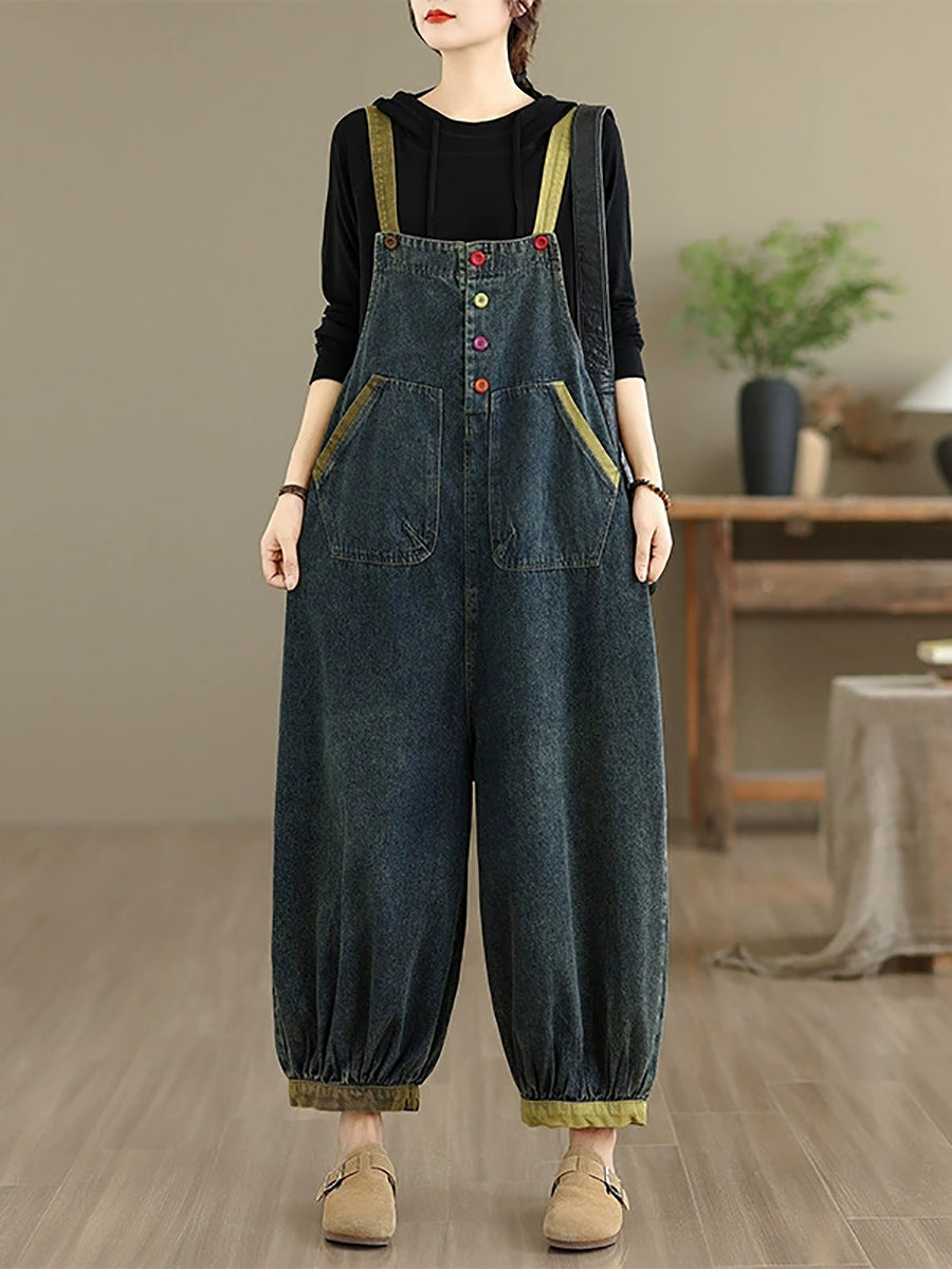 Women Autumn Artsy Colorblock Denim Jumpsuits