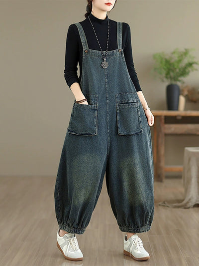Women Autumn Casual Pure Color Denim Jumpsuits