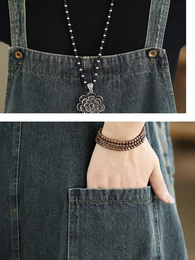 Women Autumn Casual Pure Color Denim Jumpsuits