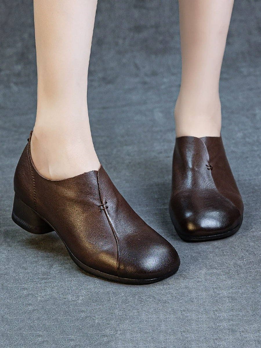 Women Vintage Genuine Leather Mid Heel Shoes