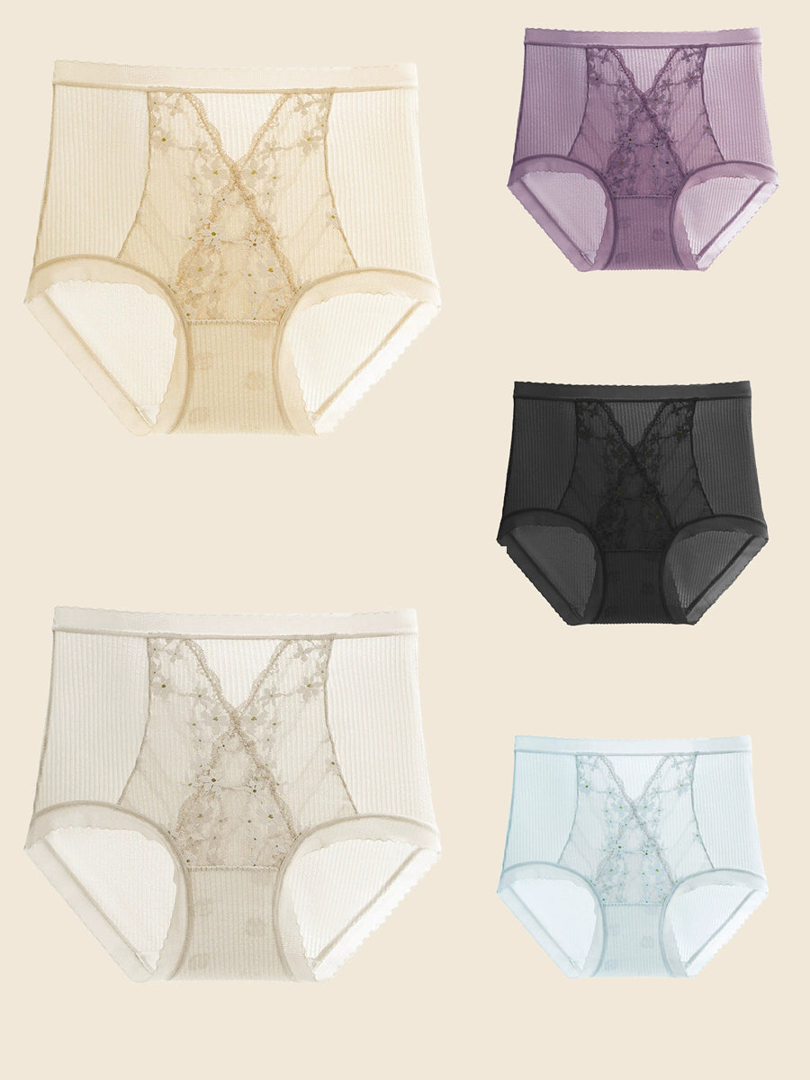 5 Pieces Women High Waist Pure Color Lace Underwear