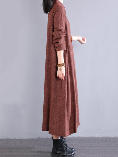 Women Autumn Pure Color Turn-down Collar 100%Cotton Dress