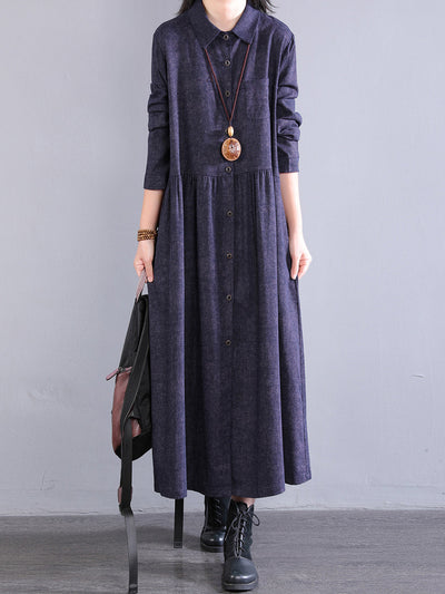 Women Autumn Pure Color Turn-down Collar 100%Cotton Dress