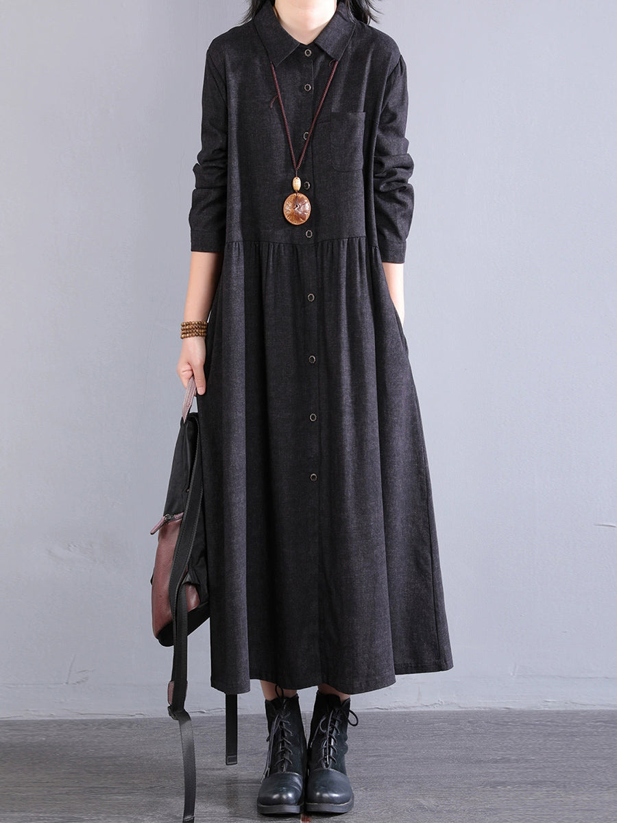 Women Autumn Pure Color Turn-down Collar 100%Cotton Dress