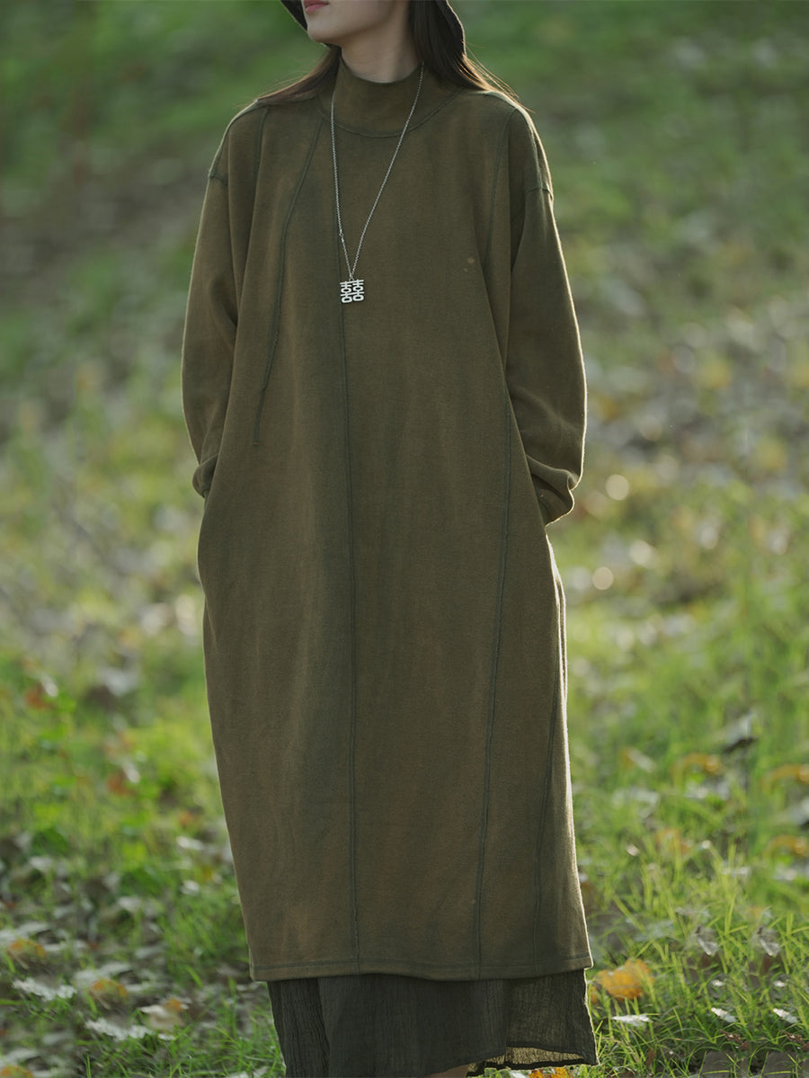 Women Autumn Casual Pure Color Stand Collar Cotton Dress