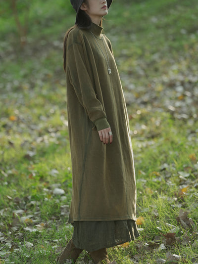 Women Autumn Casual Pure Color Stand Collar Cotton Dress