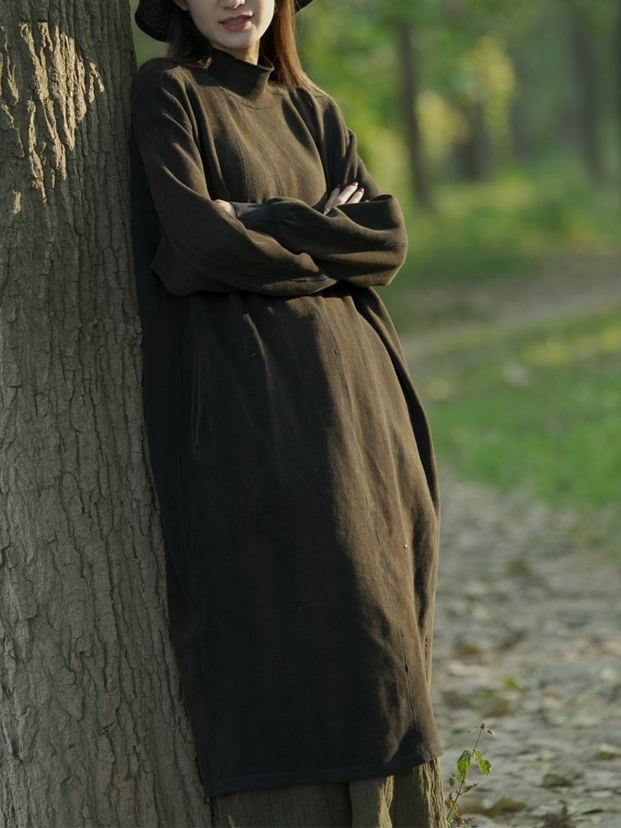 Women Autumn Casual Pure Color Stand Collar Cotton Dress