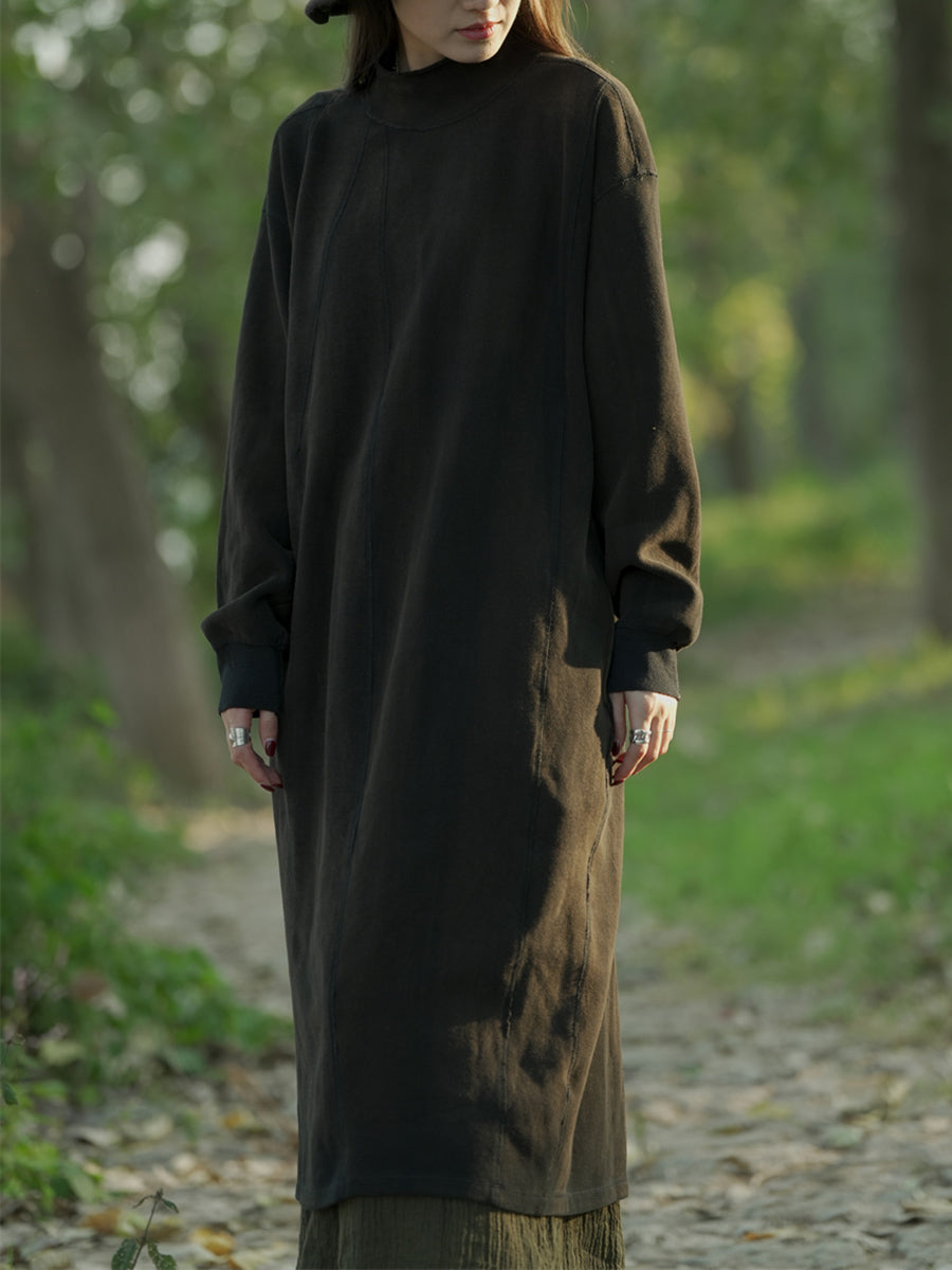 Women Autumn Casual Pure Color Stand Collar Cotton Dress