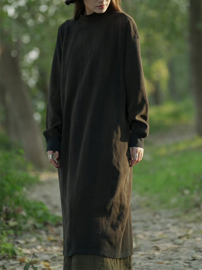 Women Autumn Casual Pure Color Stand Collar Cotton Dress