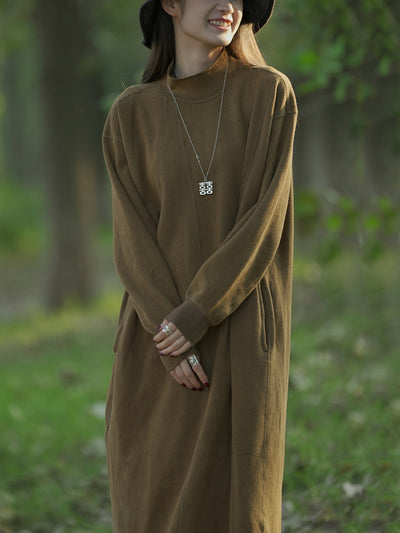 Women Autumn Casual Pure Color Stand Collar Cotton Dress