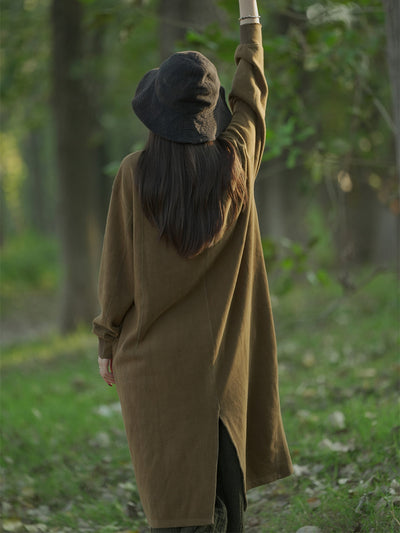 Women Autumn Casual Pure Color Stand Collar Cotton Dress