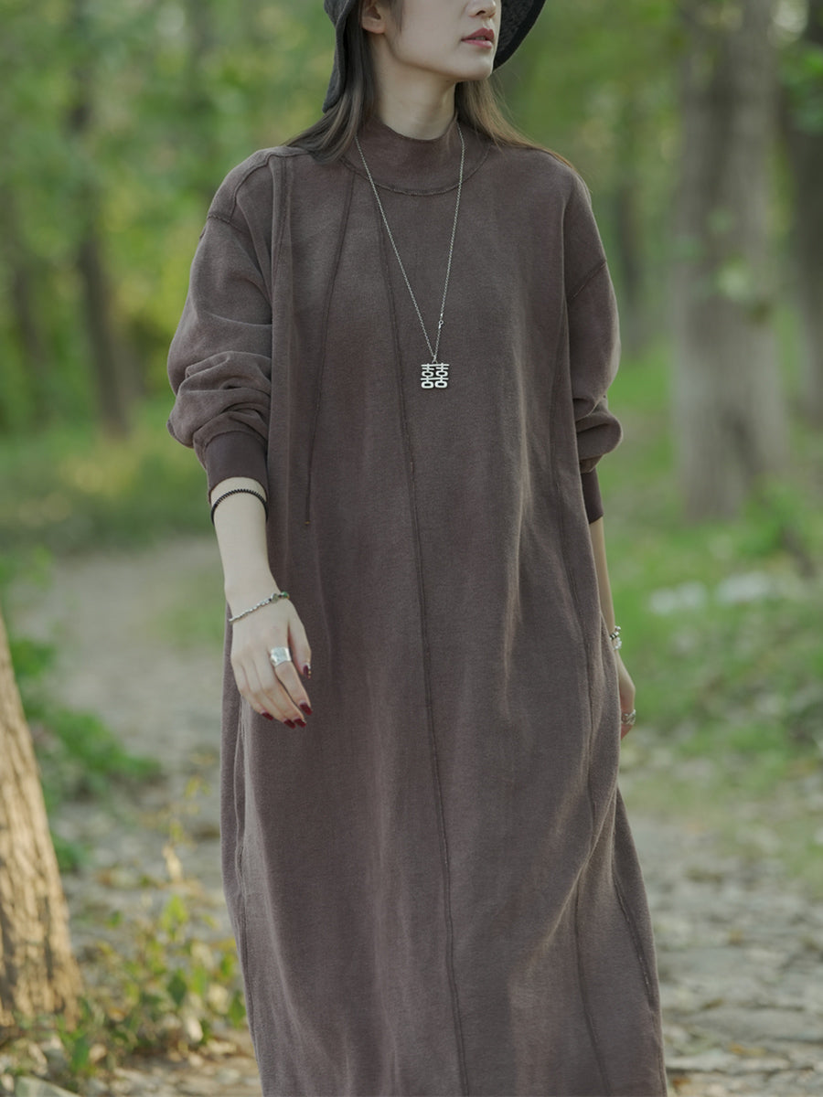 Women Autumn Casual Pure Color Stand Collar Cotton Dress