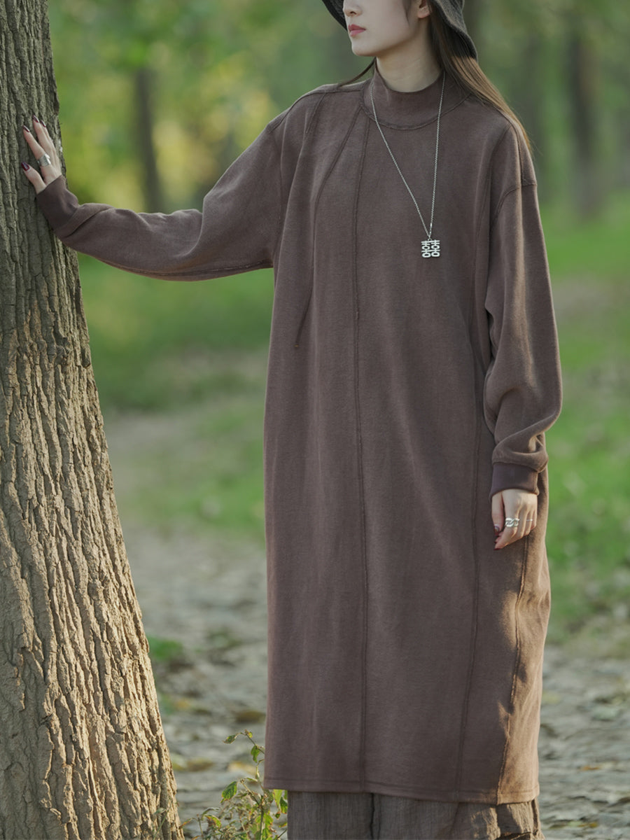 Women Autumn Casual Pure Color Stand Collar Cotton Dress