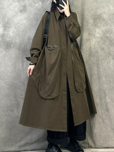 Women Autumn Pure Color Turn-down Collar Long Coat