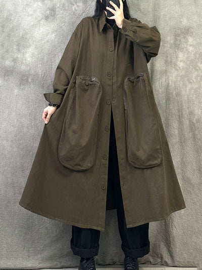 Women Autumn Pure Color Turn-down Collar Long Coat