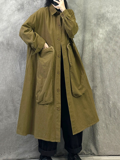 Women Autumn Pure Color Turn-down Collar Long Coat