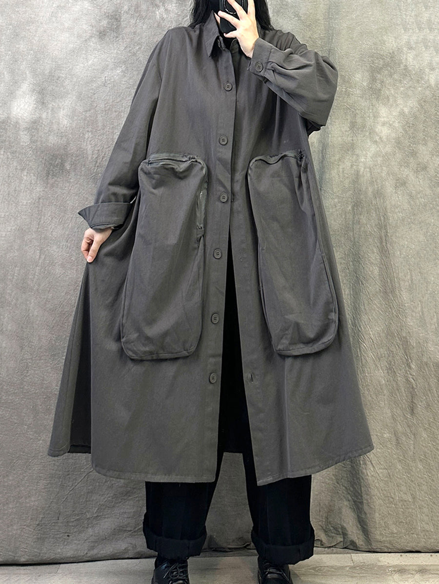 Women Autumn Pure Color Turn-down Collar Long Coat