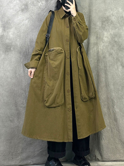 Women Autumn Pure Color Turn-down Collar Long Coat