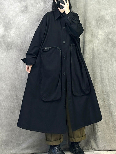 Women Autumn Pure Color Turn-down Collar Long Coat