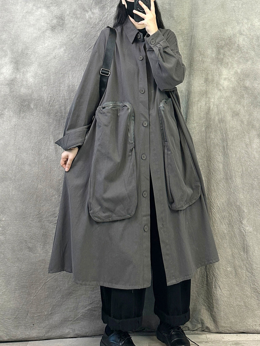 Women Autumn Pure Color Turn-down Collar Long Coat