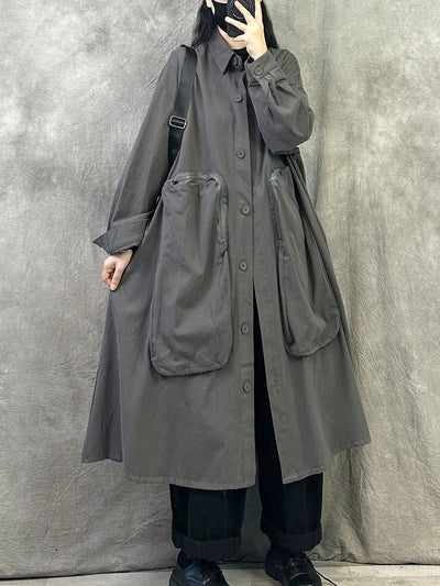 Women Autumn Pure Color Turn-down Collar Long Coat
