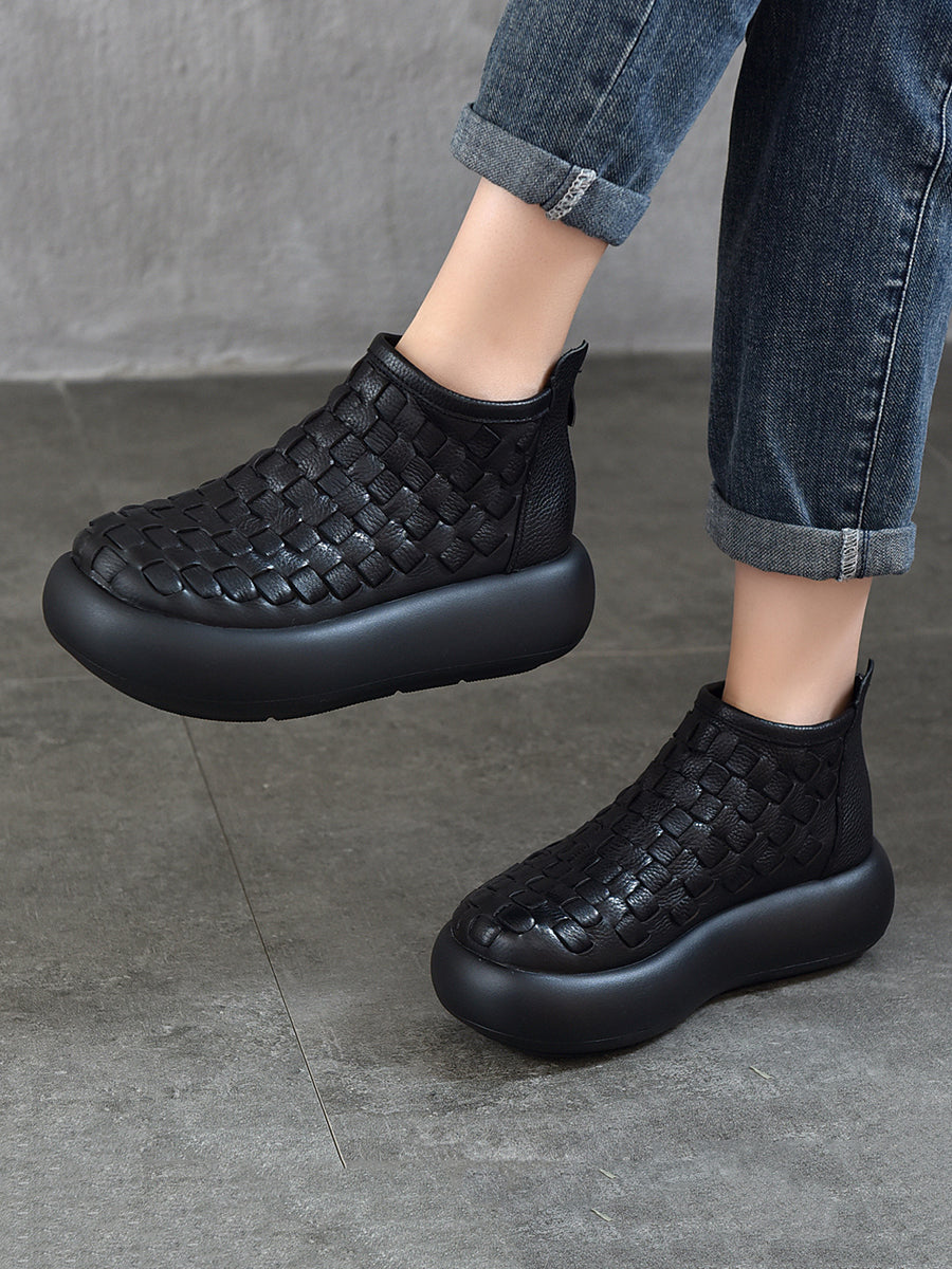 Women Vintage Leather Weave Platform Boots