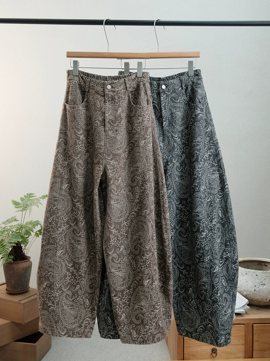 Women Autumn Retro Flower Denim Straight Pants