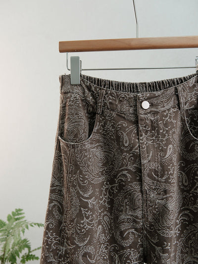 Women Autumn Retro Flower Denim Straight Pants