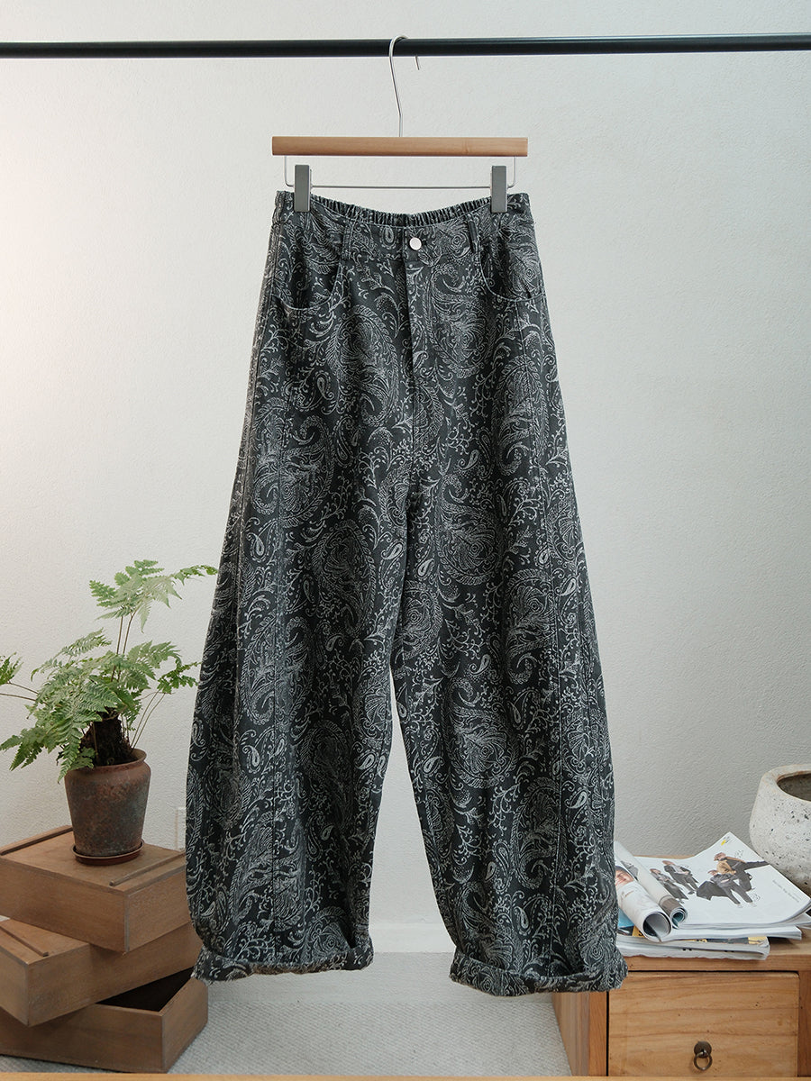 Women Autumn Retro Flower Denim Straight Pants