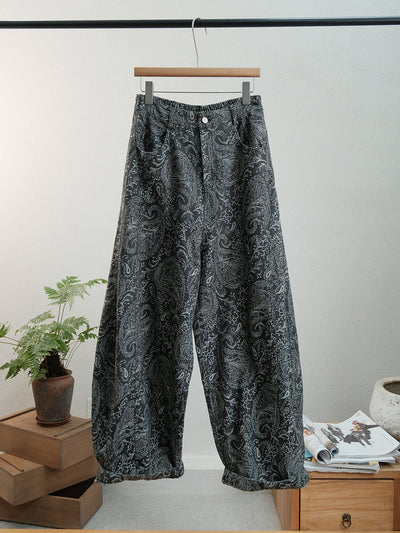Women Autumn Retro Flower Denim Straight Pants