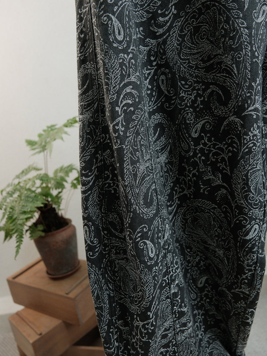 Women Autumn Retro Flower Denim Straight Pants