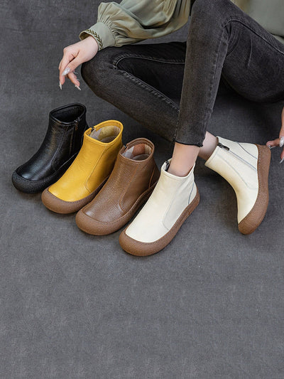 Women Genuine Leather Zipper Flat Ankle Boots