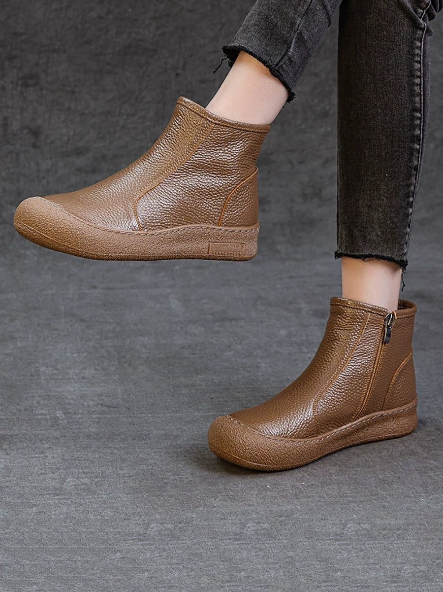 Women Genuine Leather Zipper Flat Ankle Boots