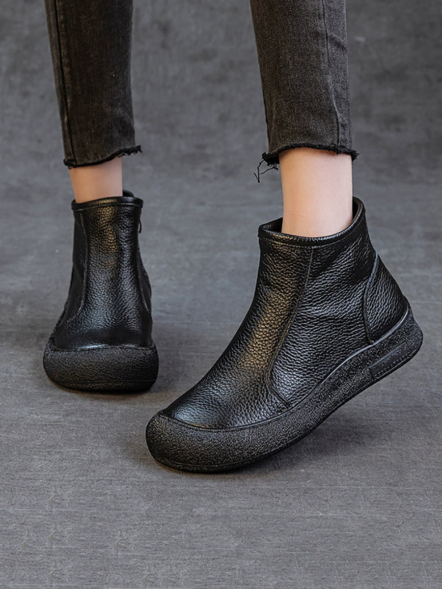 Women Genuine Leather Zipper Flat Ankle Boots