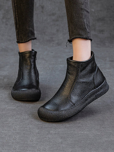 Women Genuine Leather Zipper Flat Ankle Boots