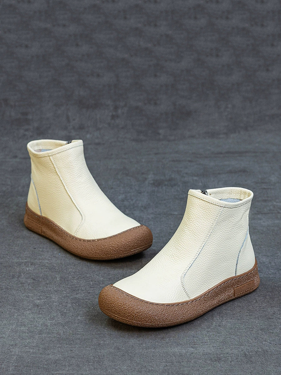 Women Genuine Leather Zipper Flat Ankle Boots
