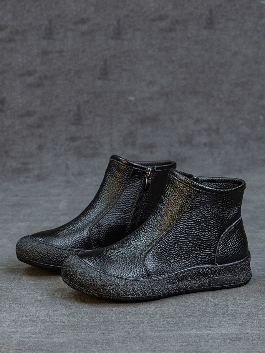 Women Genuine Leather Zipper Flat Ankle Boots