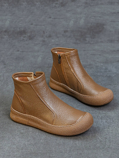Women Genuine Leather Zipper Flat Ankle Boots