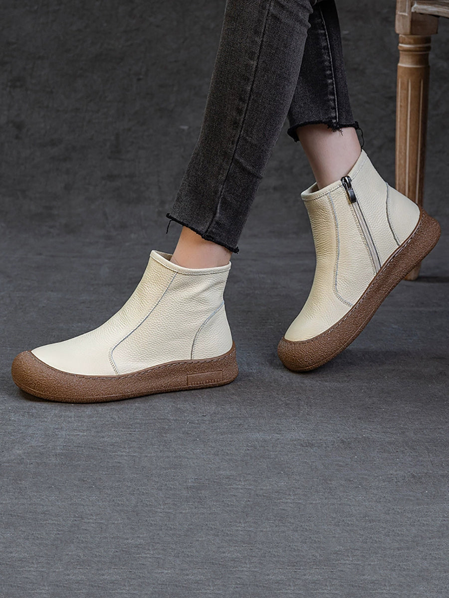 Women Genuine Leather Zipper Flat Ankle Boots