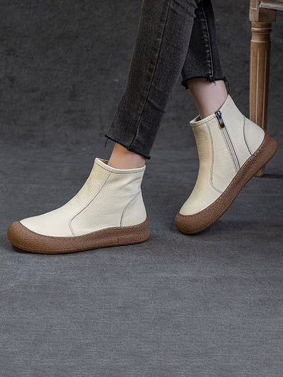 Women Genuine Leather Zipper Flat Ankle Boots