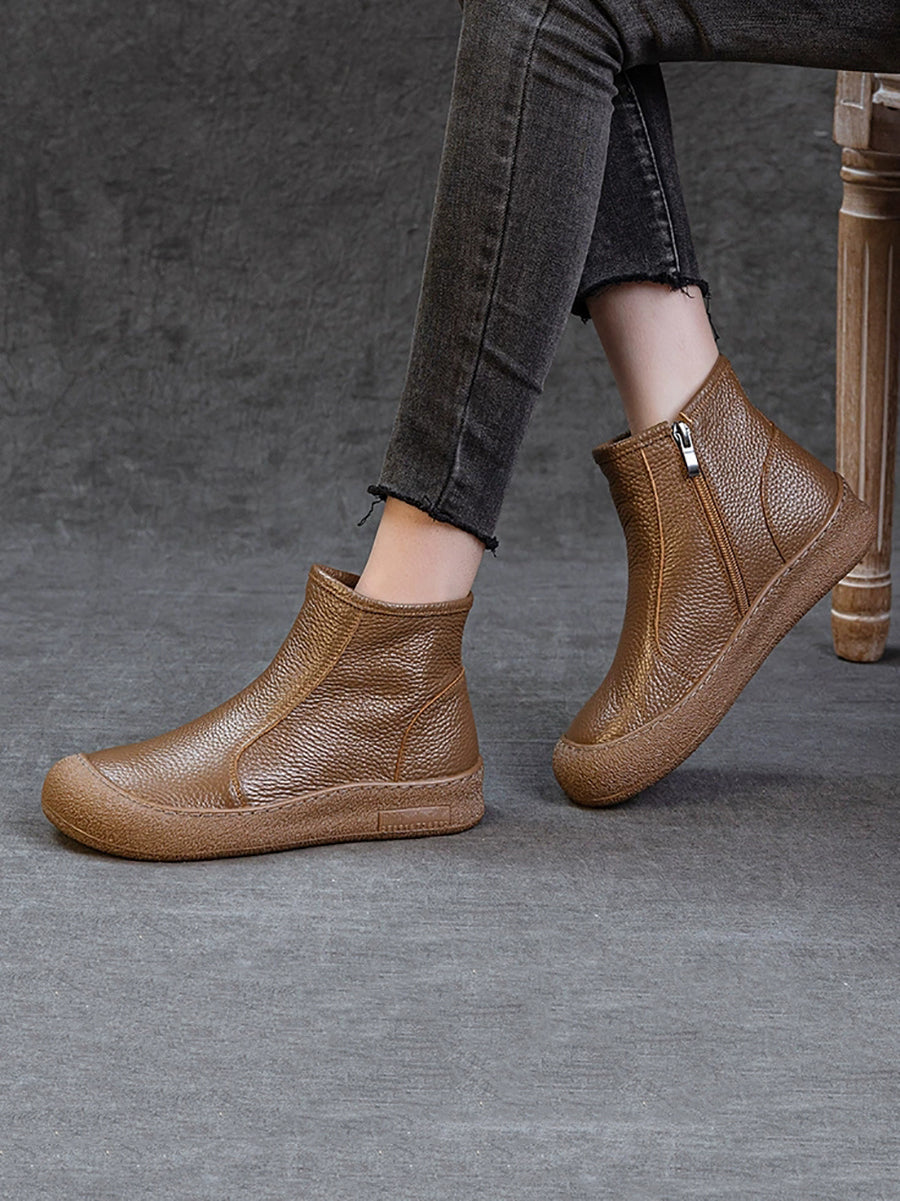 Women Genuine Leather Zipper Flat Ankle Boots
