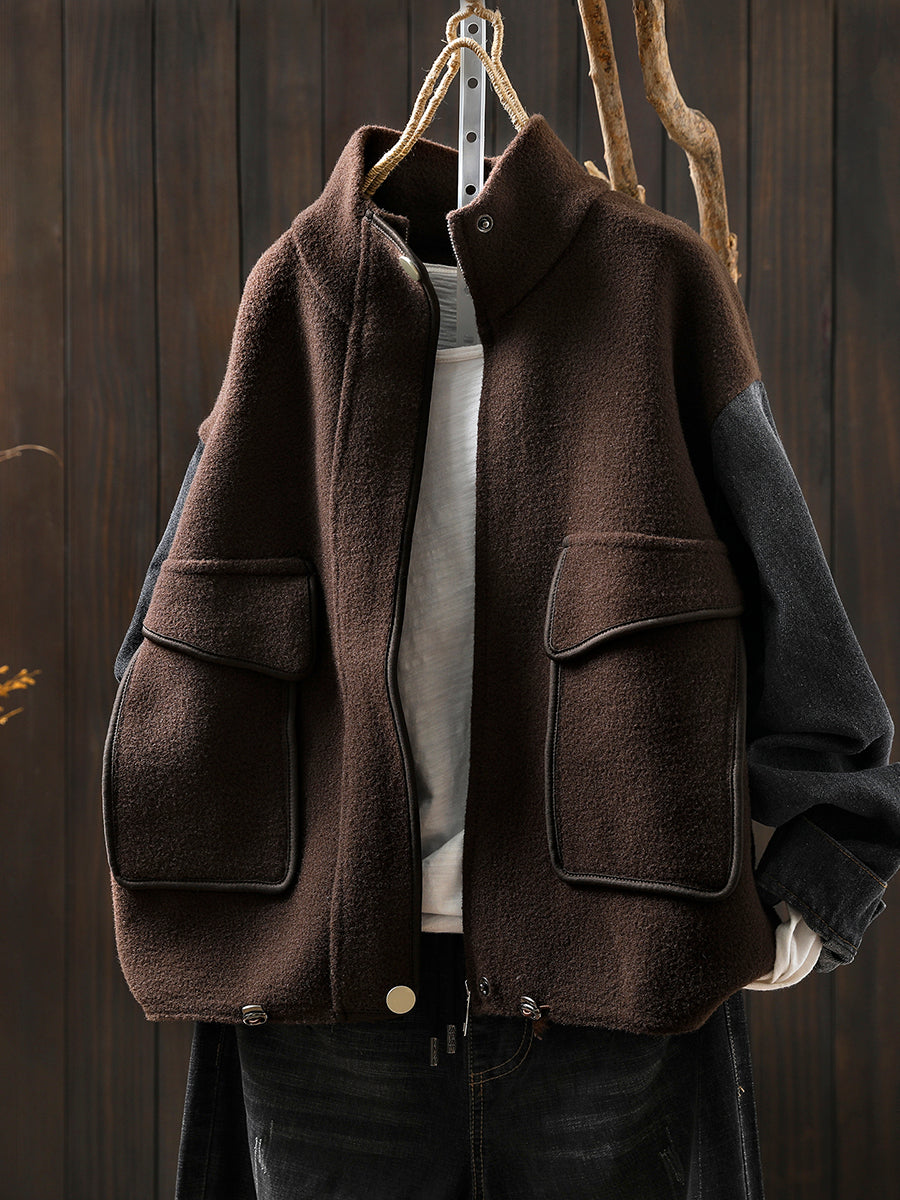 Women Autumn Vintage Colorblock Spliced Stand Collar Jacket