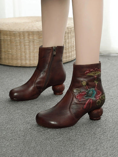 Women Vintage Flower Genuine Leather Mid Heel Ankle Boots