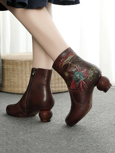 Women Vintage Flower Genuine Leather Mid Heel Ankle Boots