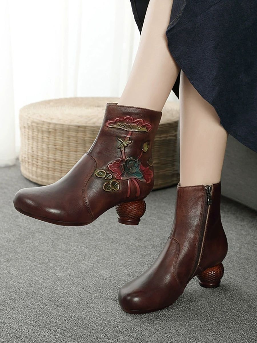 Women Vintage Flower Genuine Leather Mid Heel Ankle Boots