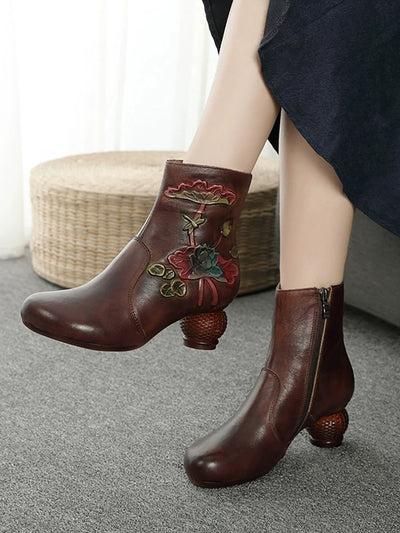 Women Vintage Flower Genuine Leather Mid Heel Ankle Boots